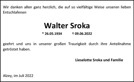 Traueranzeige von Walter Sroka von vrm-trauer Allgemeine Zeitung Alzey