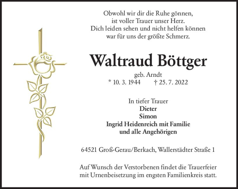  Traueranzeige für Waltraud Böttger vom 30.07.2022 aus vrm-trauer Groß-Gerauer Echo