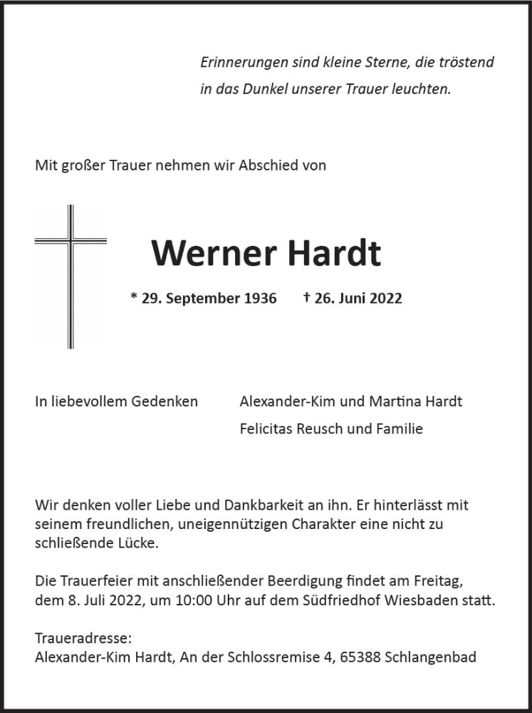  Traueranzeige für Werner Hardt vom 02.07.2022 aus vrm-trauer Wiesbadener Kurier