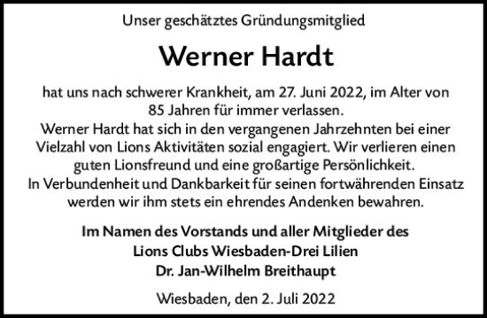 Traueranzeige von Werner Hardt von vrm-trauer Wiesbadener Kurier