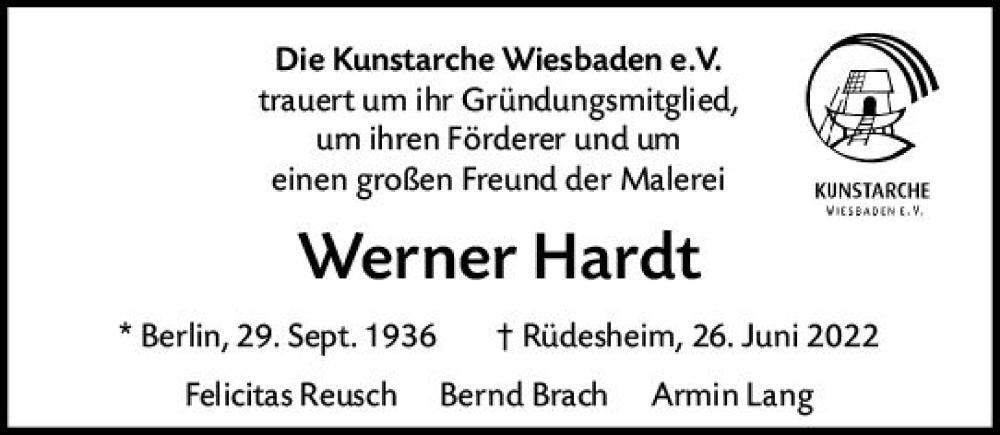  Traueranzeige für Werner Hardt vom 02.07.2022 aus vrm-trauer Wiesbadener Kurier