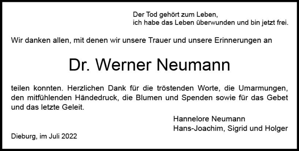  Traueranzeige für Werner Neumann vom 02.07.2022 aus vrm-trauer DieburgerAnzeiger/Groß-Zimmerner Lokala