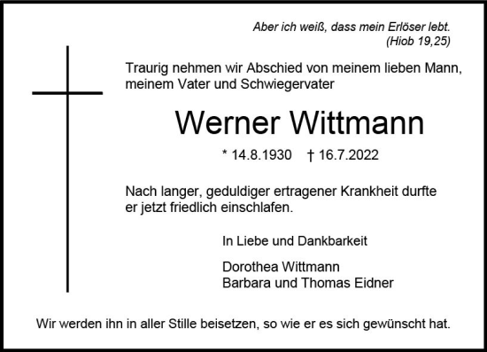 Traueranzeige von Werner Wittmann von vrm-trauer Wormser Zeitung