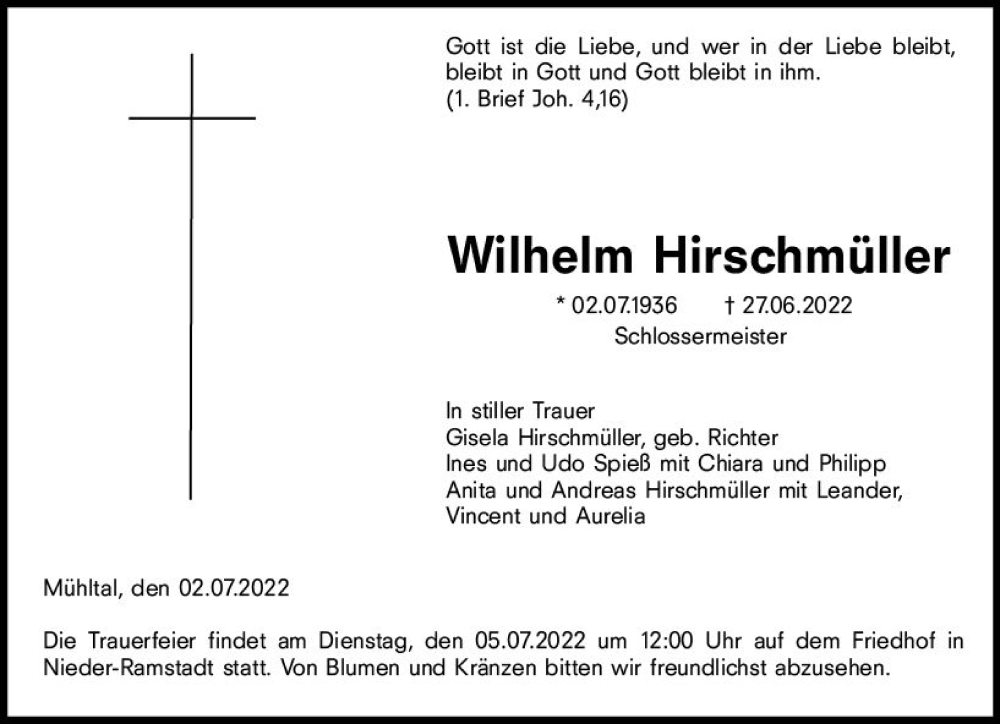  Traueranzeige für Wilhelm Hirschmüller vom 02.07.2022 aus vrm-trauer Darmstädter Echo