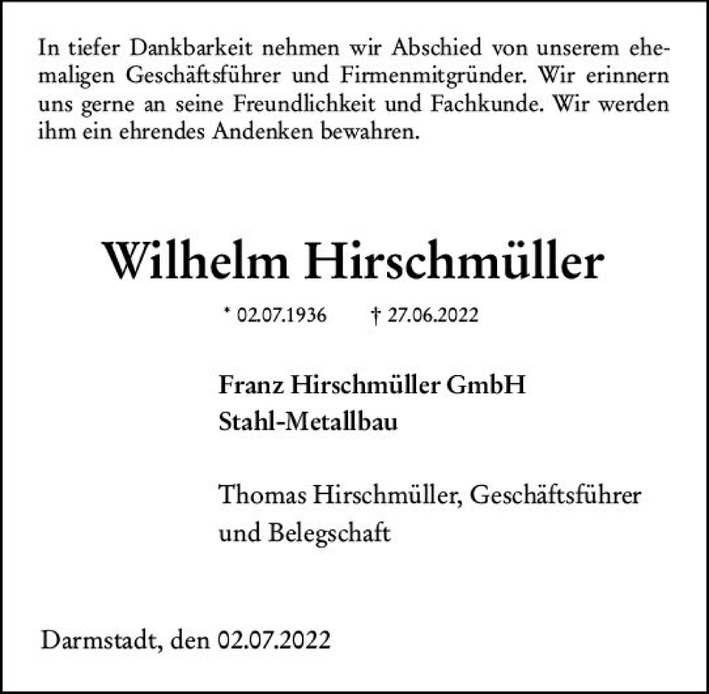  Traueranzeige für Wilhelm Hirschmüller vom 02.07.2022 aus vrm-trauer Darmstädter Echo