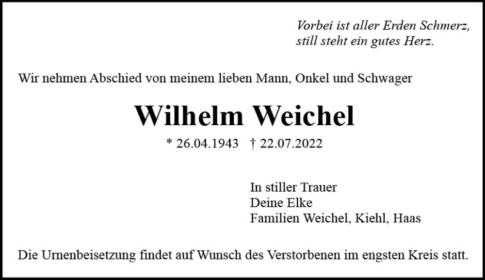  Traueranzeige für Wilhelm Weichel vom 30.07.2022 aus vrm-trauer Odenwälder Echo