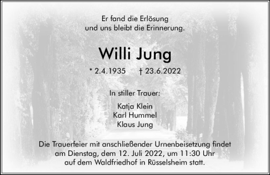 Traueranzeige von Willi Jung von vrm-trauer Rüsselsheimer Echo / MainSpitze