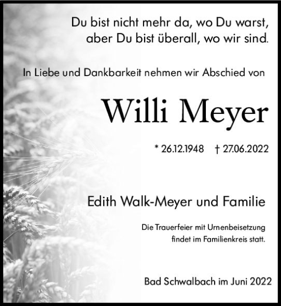Traueranzeige von Willi Meyer von vrm-trauer Wiesbadener Kurier