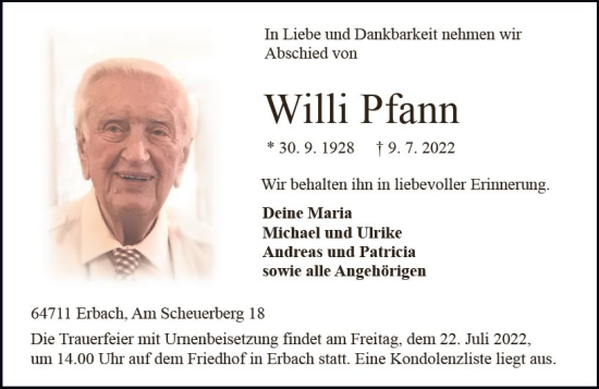 Traueranzeige von Willi Pfann von vrm-trauer Odenwälder Echo