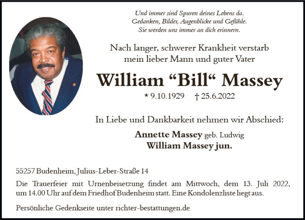  Traueranzeige für William Massey vom 02.07.2022 aus vrm-trauer AZ Mainz