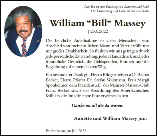 Traueranzeige von William Massey von vrm-trauer AZ Mainz