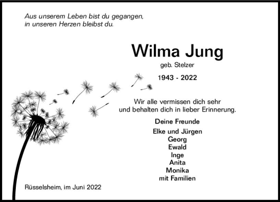 Traueranzeige von Wilma Jung von vrm-trauer Rüsselsheimer Echo / MainSpitze