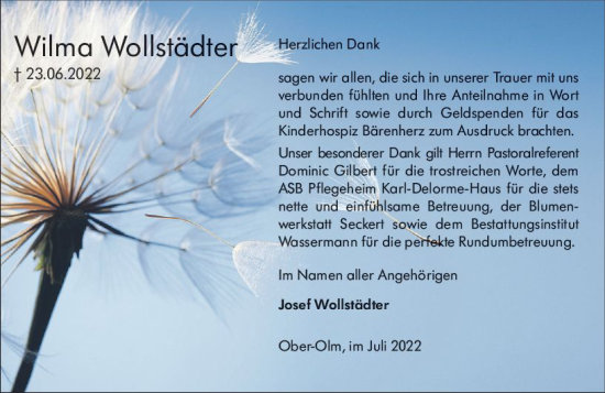 Traueranzeige von Wilma Wollstädter von vrm-trauer AZ Mainz