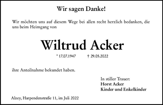 Traueranzeige von Wiltrud Acker von vrm-trauer Allgemeine Zeitung Alzey