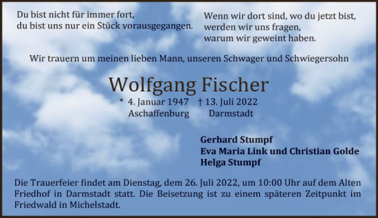 Traueranzeige von Wolfgang Fischer von vrm-trauer Darmstädter Echo