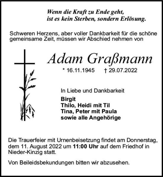Traueranzeige von Adam Graßmann von vrm-trauer Odenwälder Echo
