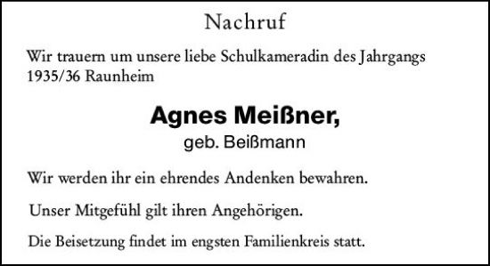 Traueranzeige von Agnes Meißner von vrm-trauer Rüsselsheimer Echo / MainSpitze