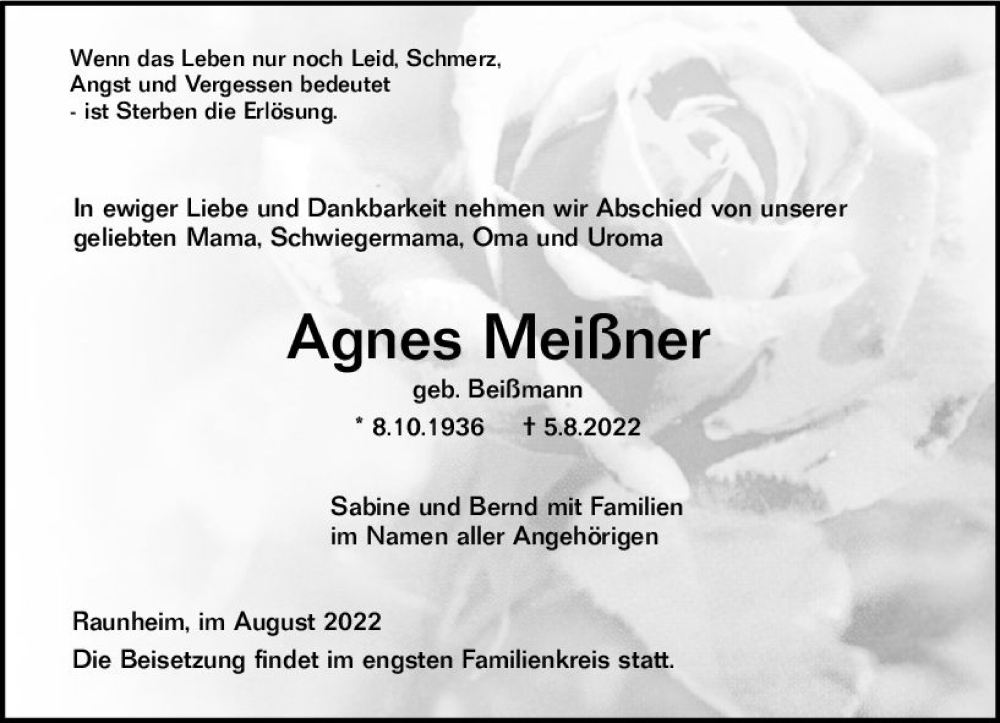 Traueranzeige für Agnes Meißner vom 13.08.2022 aus vrm-trauer Rüsselsheimer Echo / MainSpitze