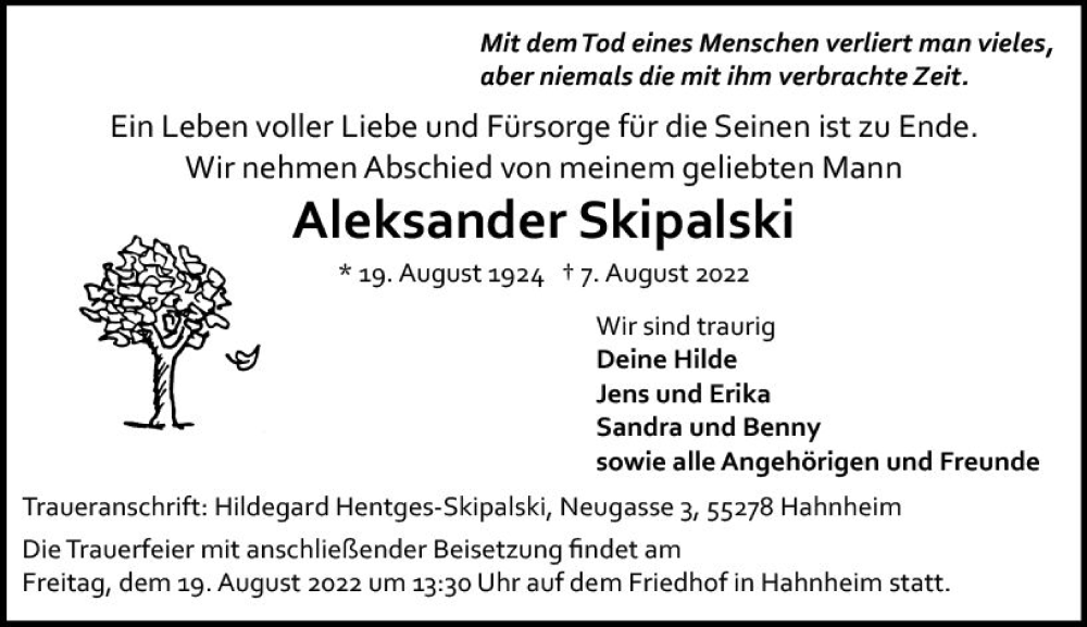  Traueranzeige für Aleksander Skipalski vom 13.08.2022 aus vrm-trauer AZ Mainz