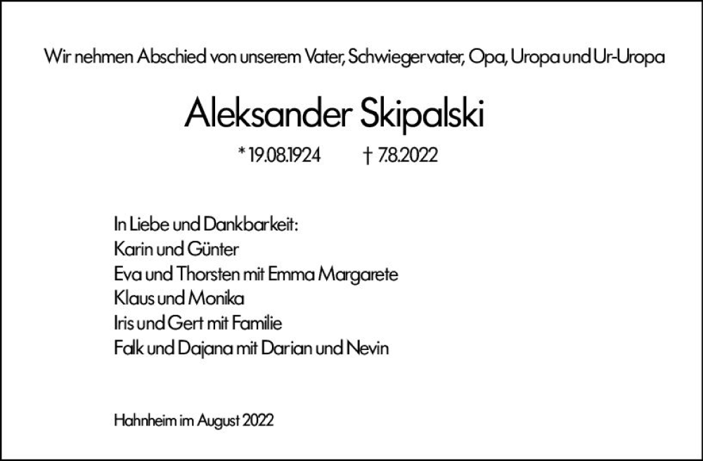  Traueranzeige für Aleksander Skipalski vom 13.08.2022 aus vrm-trauer AZ Mainz