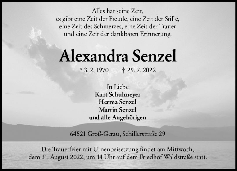  Traueranzeige für Alexandra Senzel vom 27.08.2022 aus vrm-trauer Groß-Gerauer Echo