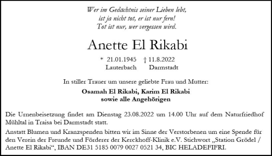Traueranzeige von Anette El Rikabi von vrm-trauer Darmstädter Echo