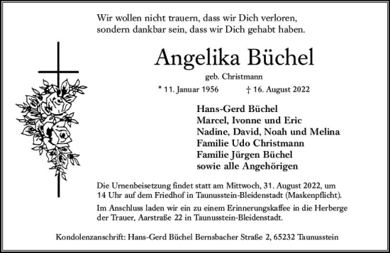 Traueranzeige von Angelika Büchel von vrm-trauer WK-UTA