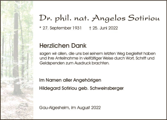 Traueranzeige von Angelos Sotiriou von vrm-trauer Allgemeine  Zeitung Ingelheim-Bingen