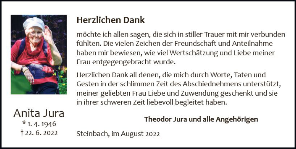  Traueranzeige für Anita Jura vom 06.08.2022 aus vrm-trauer Odenwälder Echo