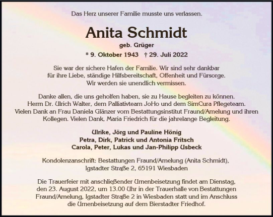 Traueranzeige von Anita Schmidt von vrm-trauer Wiesbadener Kurier
