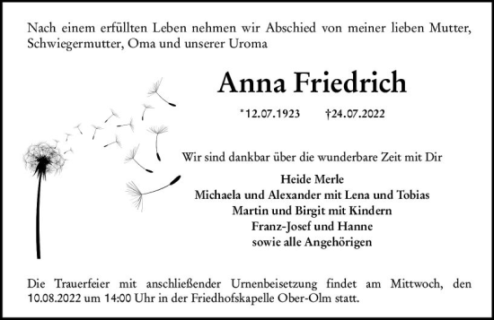 Traueranzeige von Anna Friedrich von vrm-trauer AZ Mainz
