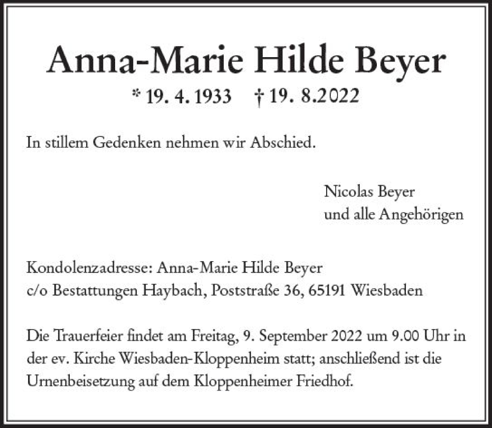  Traueranzeige für Anna-Marie Hilde Beyer vom 27.08.2022 aus vrm-trauer Wiesbadener Kurier