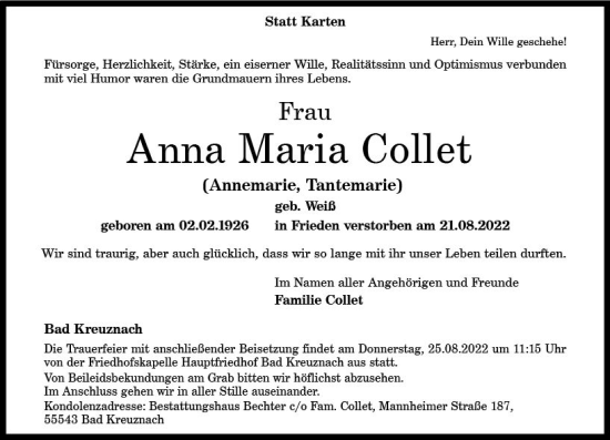Traueranzeige von Anna Maria Collet von vrm-trauer Allg. Zeitung Bad Kreuznach