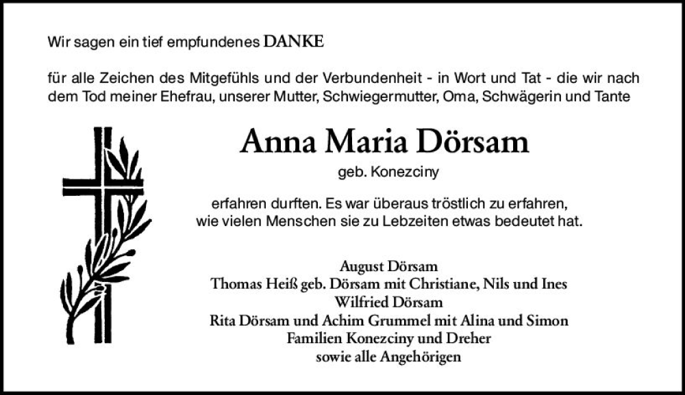  Traueranzeige für Anna Marie Dörsam vom 20.08.2022 aus vrm-trauer Rüsselsheimer Echo / MainSpitze