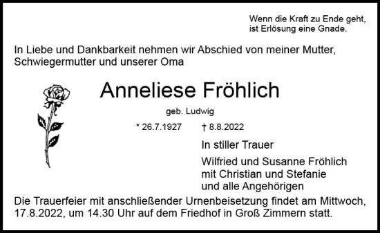 Traueranzeige von Anneliese Fröhlich von vrm-trauer DieburgerAnzeiger/Groß-Zimmerner Lokala