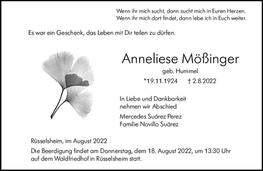  Traueranzeige für Anneliese Mößinger vom 13.08.2022 aus vrm-trauer Rüsselsheimer Echo / MainSpitze