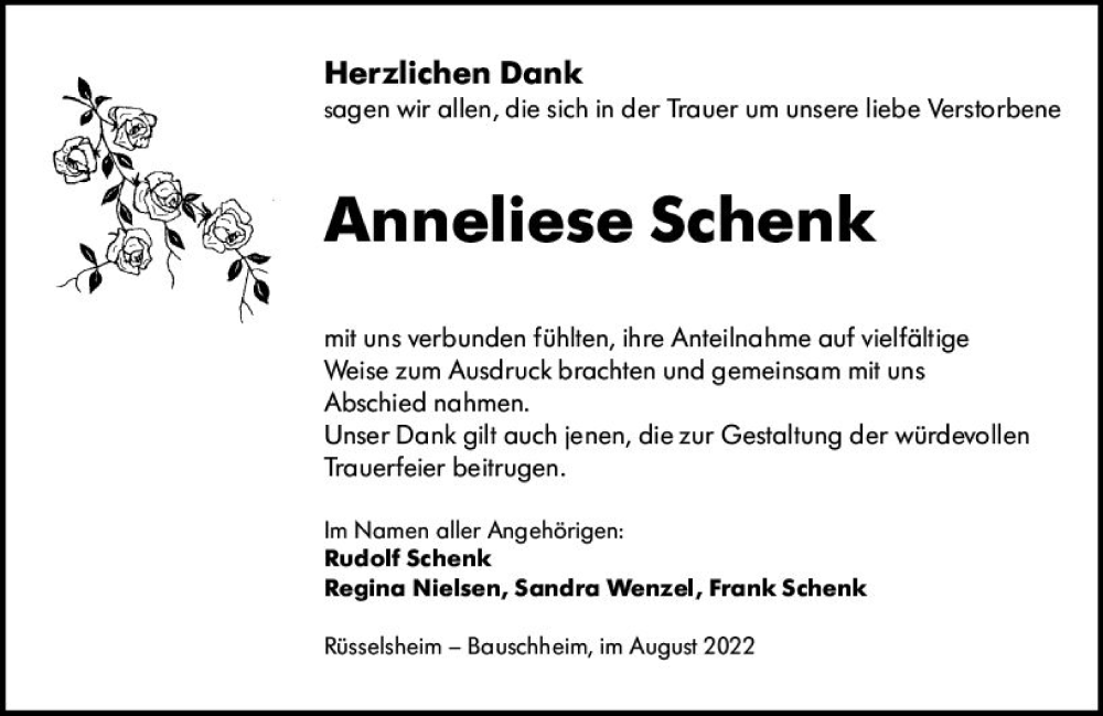  Traueranzeige für Anneliese Schenk vom 13.08.2022 aus vrm-trauer Rüsselsheimer Echo / MainSpitze