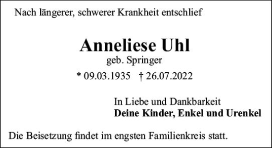 Traueranzeige von Anneliese Uhl von vrm-trauer Darmstädter Echo