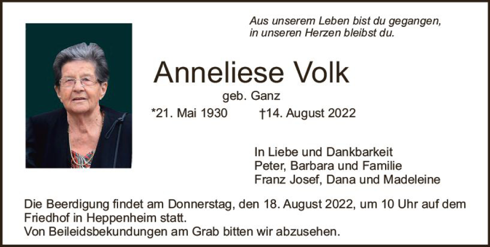  Traueranzeige für Anneliese Volk vom 16.08.2022 aus vrm-trauer Bürstädter/Lamperth. Ztg/Starkenburger
