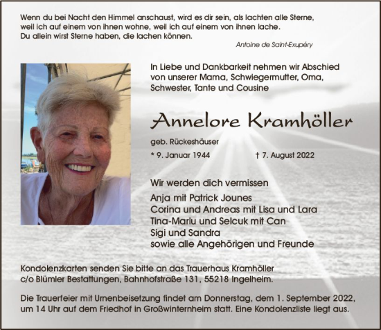 Traueranzeige von Annelore Kramhöller von vrm-trauer Allgemeine  Zeitung Ingelheim-Bingen