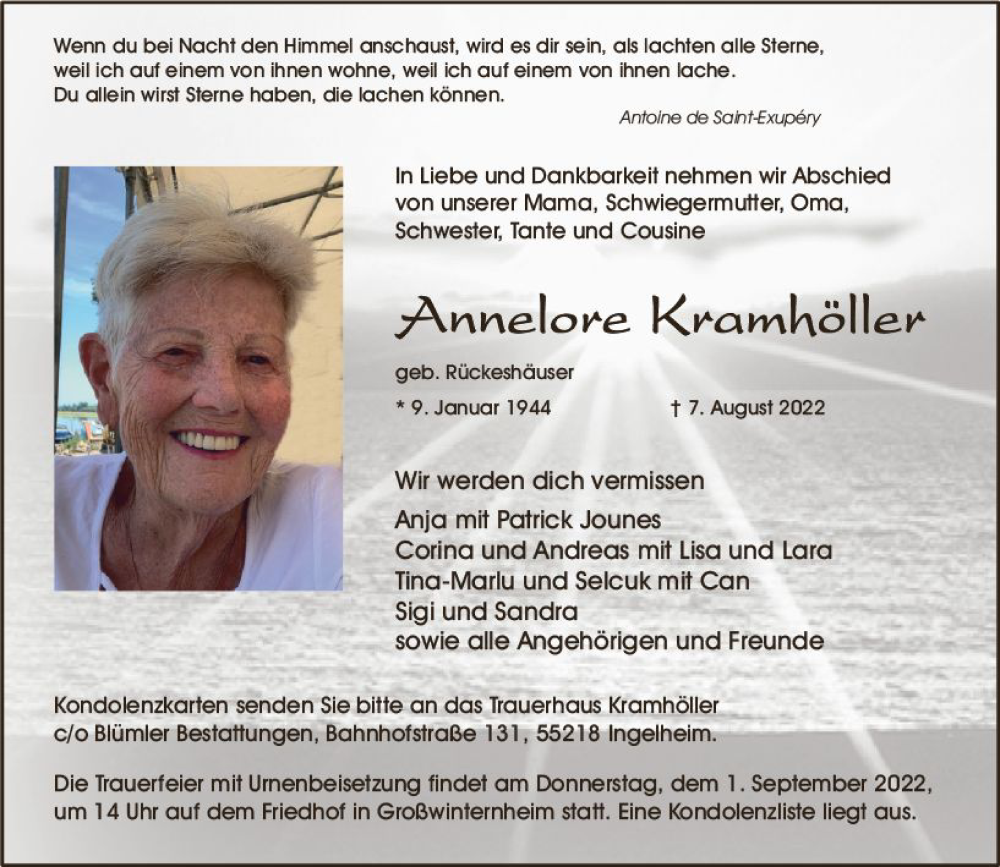  Traueranzeige für Annelore Kramhöller vom 20.08.2022 aus vrm-trauer Allgemeine  Zeitung Ingelheim-Bingen