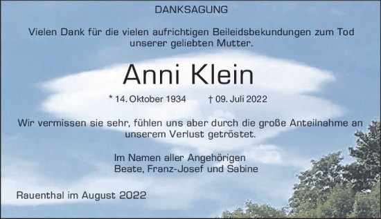 Traueranzeige von Anni Klein von vrm-trauer Rheingau