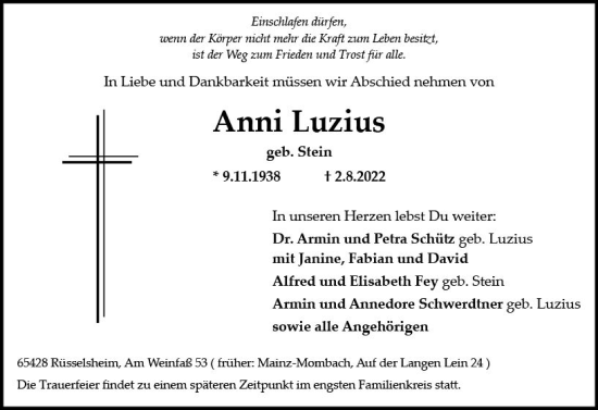 Traueranzeige von Anni Luzius von vrm-trauer AZ Mainz