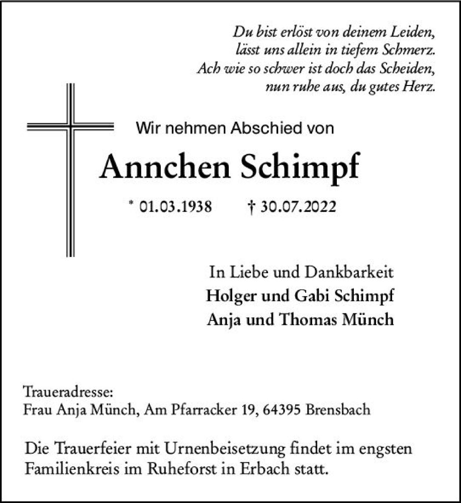  Traueranzeige für Arinchen Schimpf vom 06.08.2022 aus vrm-trauer Odenwälder Echo