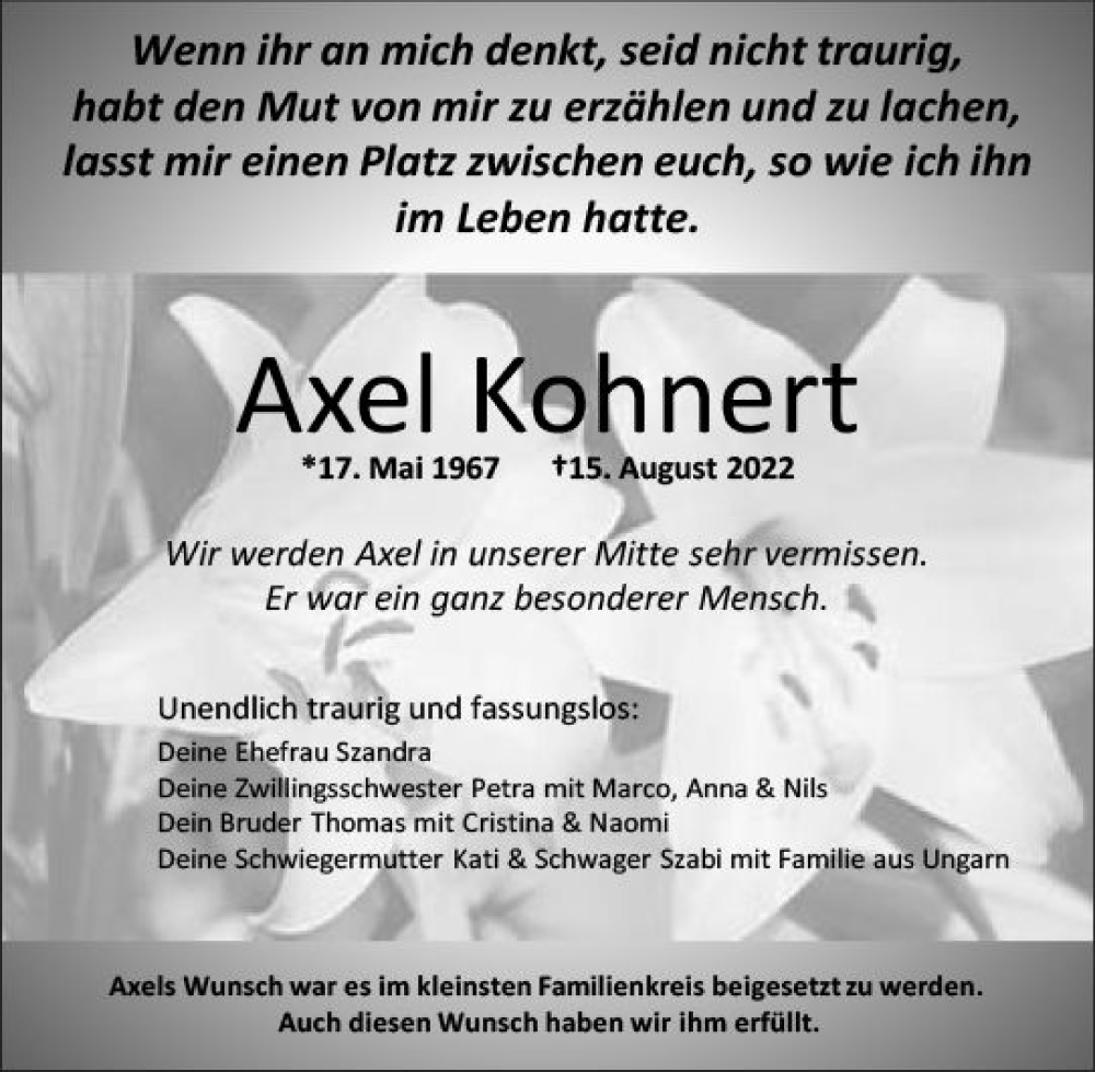  Traueranzeige für Axel Kohnert vom 27.08.2022 aus vrm-trauer Wiesbadener Kurier