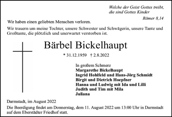 Traueranzeige von Bärbel Bickelhaupt von vrm-trauer Darmstädter Echo