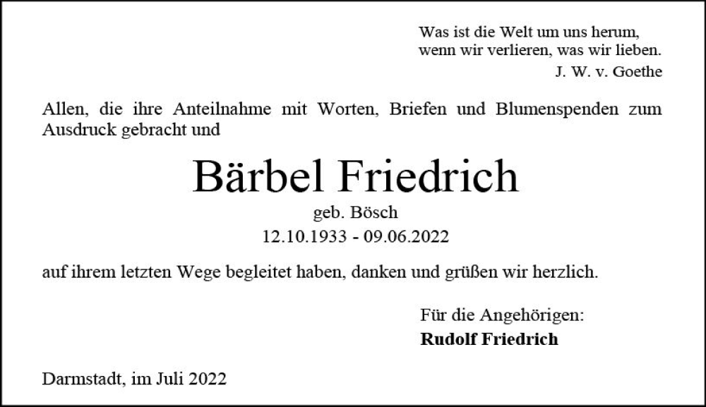  Traueranzeige für Bärbel Friedrich vom 06.08.2022 aus vrm-trauer Darmstädter Echo