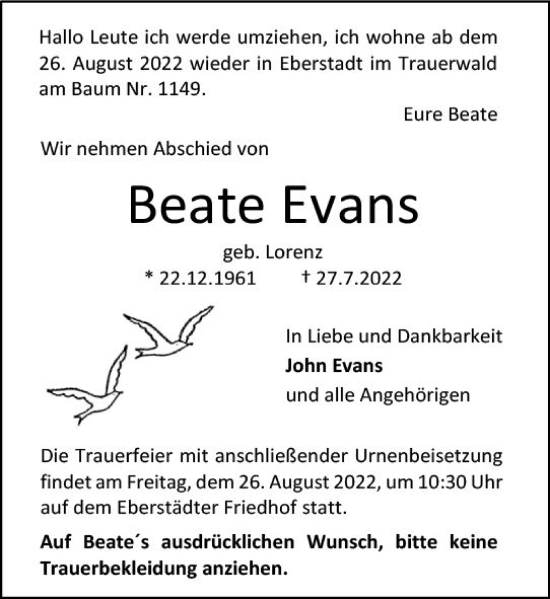 Traueranzeige von Beate Evans von vrm-trauer Darmstädter Echo