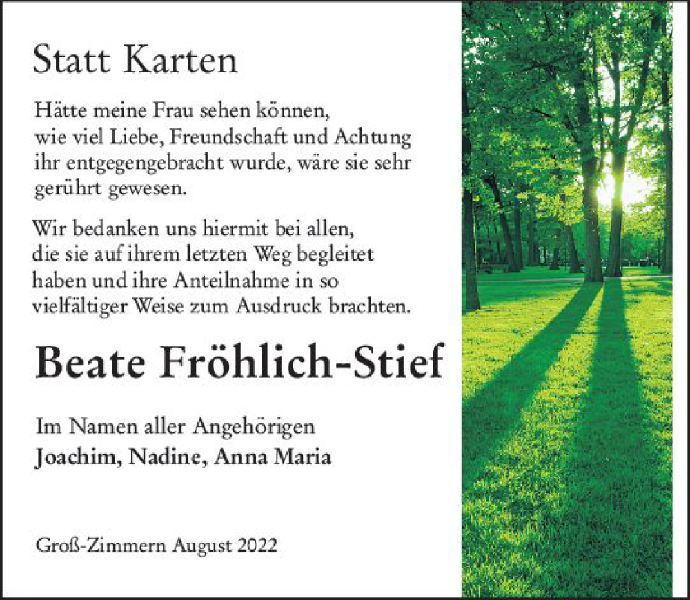  Traueranzeige für Beate Fröhlich-Stief vom 11.08.2022 aus vrm-trauer DieburgerAnzeiger/Groß-Zimmerner Lokala