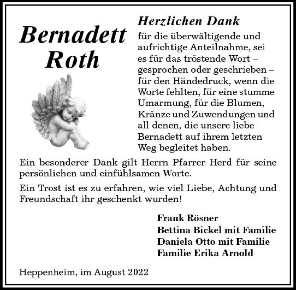  Traueranzeige für Bernadett Roth vom 17.08.2022 aus vrm-trauer Bürstädter/Lamperth. Ztg/Starkenburger